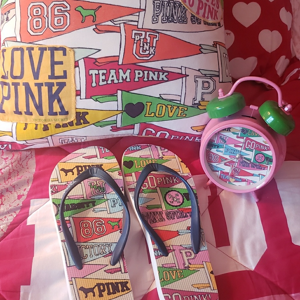 Victoria's secret Pink Clock and flip flops only. I no longer have the Pillow